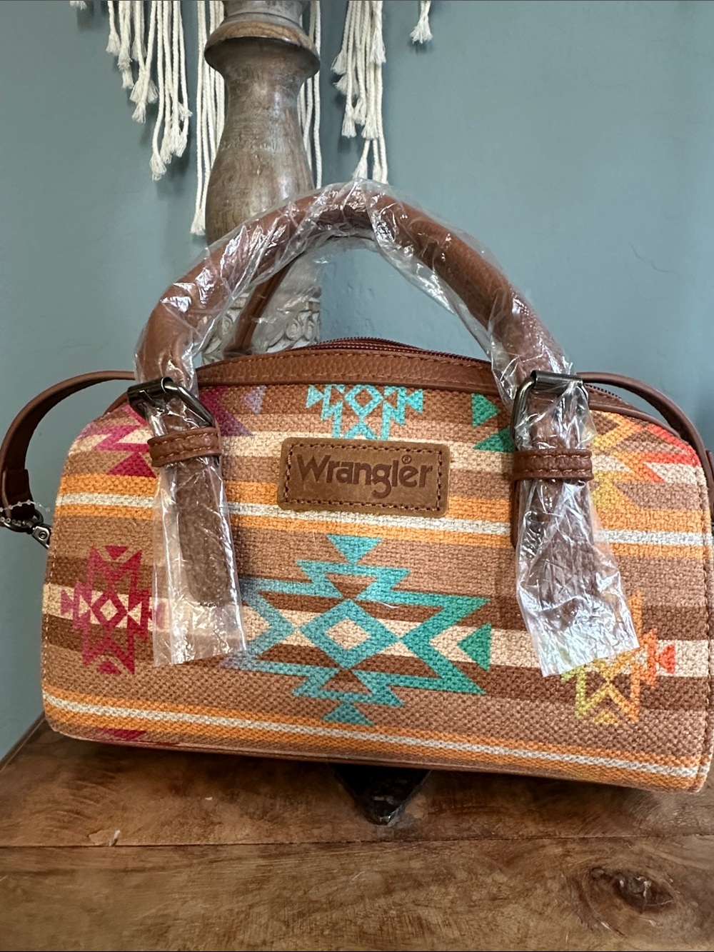 Wrangler Brown Canvas Barrel Satchel with Turquoise & Pink Southwestern Pattern